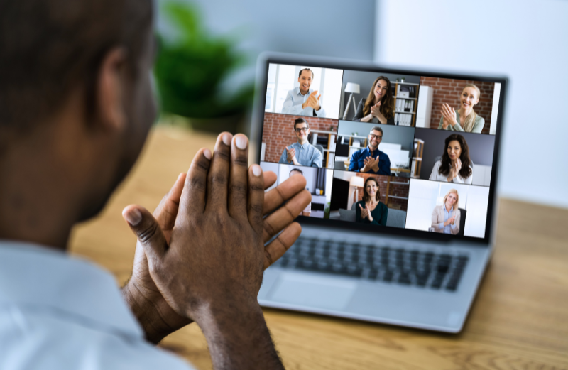 Man is having an online meeting while being on home office. 