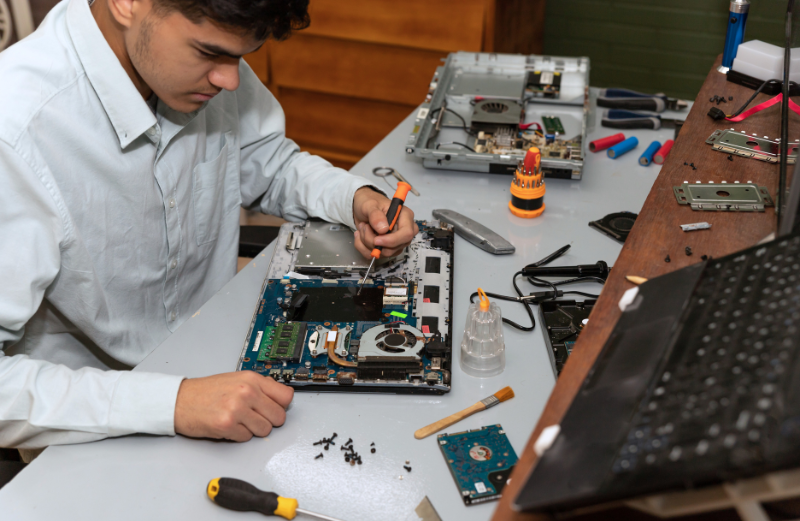 Muž, ktorý opravuje počítač. Technológia, ktorá je zastaralá, a preto si vyžaduje časté opravy, znásobuje technologický dlh. 