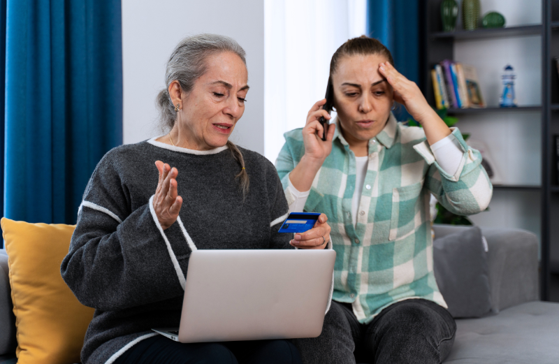An older woman holding a credit card while a younger woman makes a phone call.