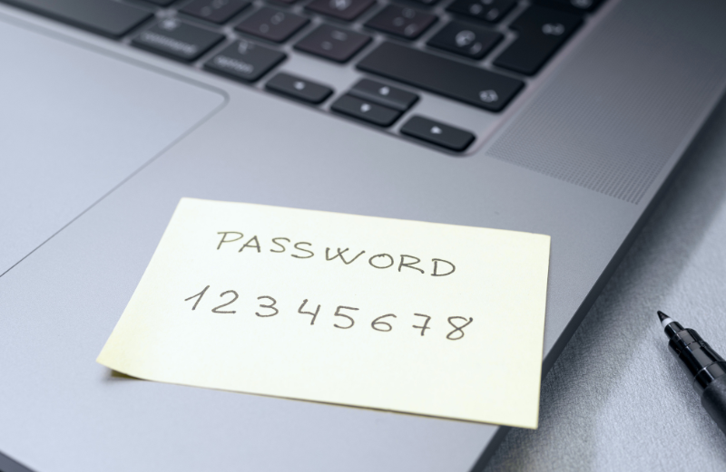 A piece of paper attached to a laptop with a password written on it. Passkeys eliminate the vulnerability of traditional passwords and one-time codes.