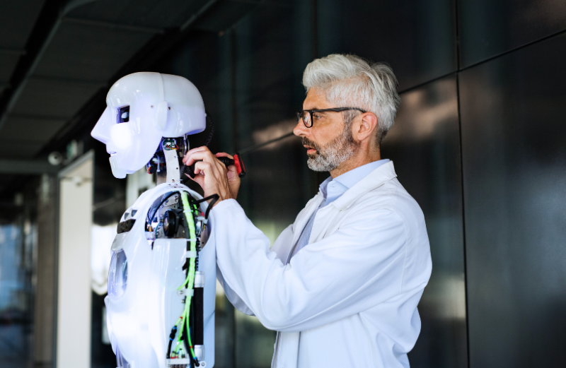 Muž konštruujúci robota. Medzi tohtoročné trendy v IT sektore patrí aj fyzická podoba AI.