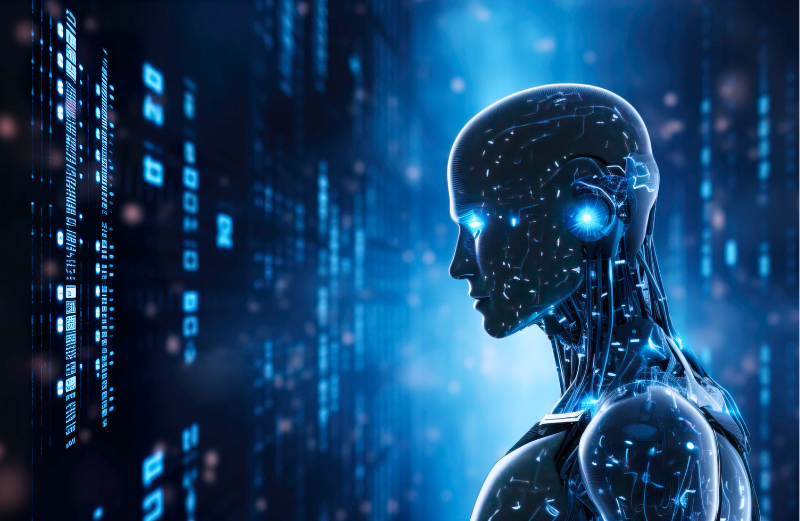 Silueta robota hľadiaca na displej plný dát. Mythos by dokázal prepojiť a prevziať kontrolu nad hlavnými operačnými systémami a webovými prehliadačmi.